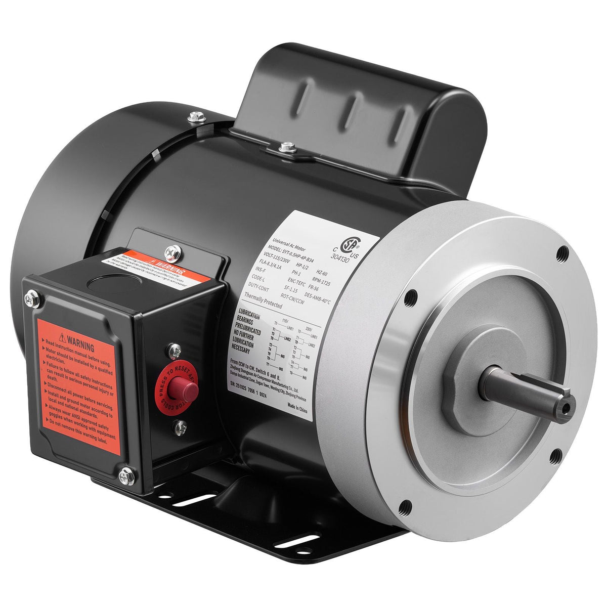 0.5 HP Electric Motor, 1725RPM Air Compressor Motor, CW/CCW Rotation, 5/8 inch Shaft Diameter, 1.88inch Shaft Length, 2.07N.m Torque, Single-Phase, TEFC Cooling, 115V/230V, 56 Frame