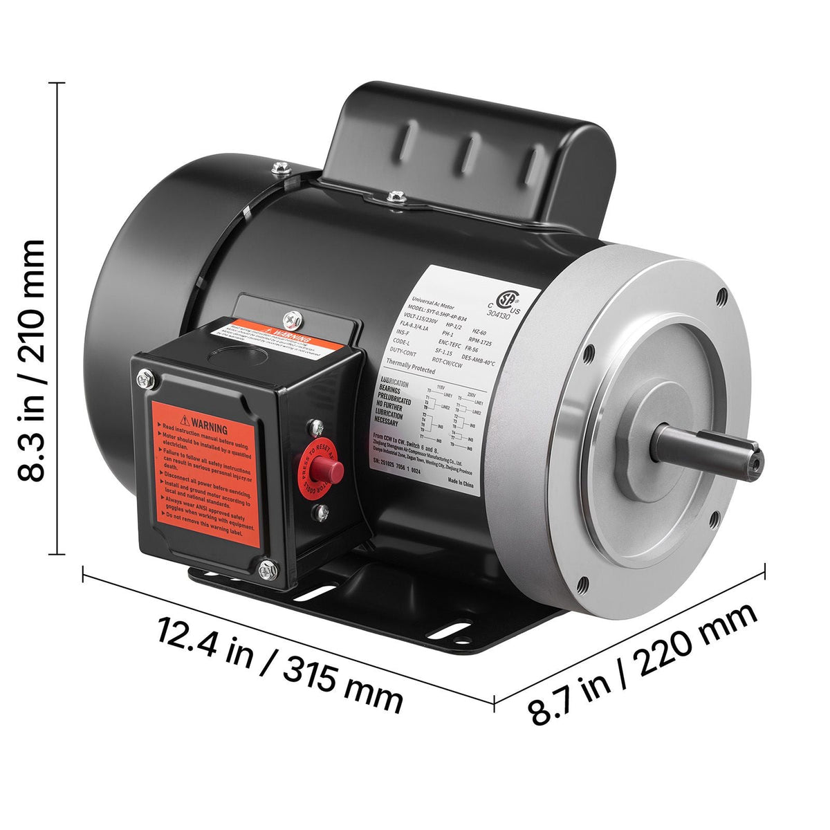 0.5 HP Electric Motor, 1725RPM Air Compressor Motor, CW/CCW Rotation, 5/8 inch Shaft Diameter, 1.88inch Shaft Length, 2.07N.m Torque, Single-Phase, TEFC Cooling, 115V/230V, 56 Frame
