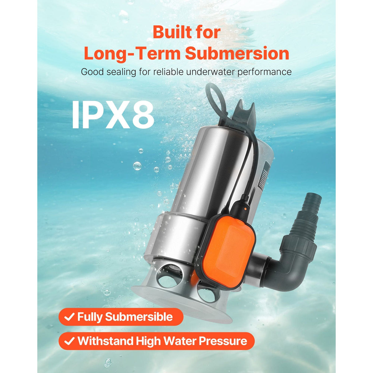0.68 HP Submersible Sump Pump, 4000 GPH, Stainless Steel Submersible Sewage Dirty Clean Water Pump with Automatic Float Switch, Long Cord, 30 ft Max Lift, for Pools, Garden, Flooded Basement
