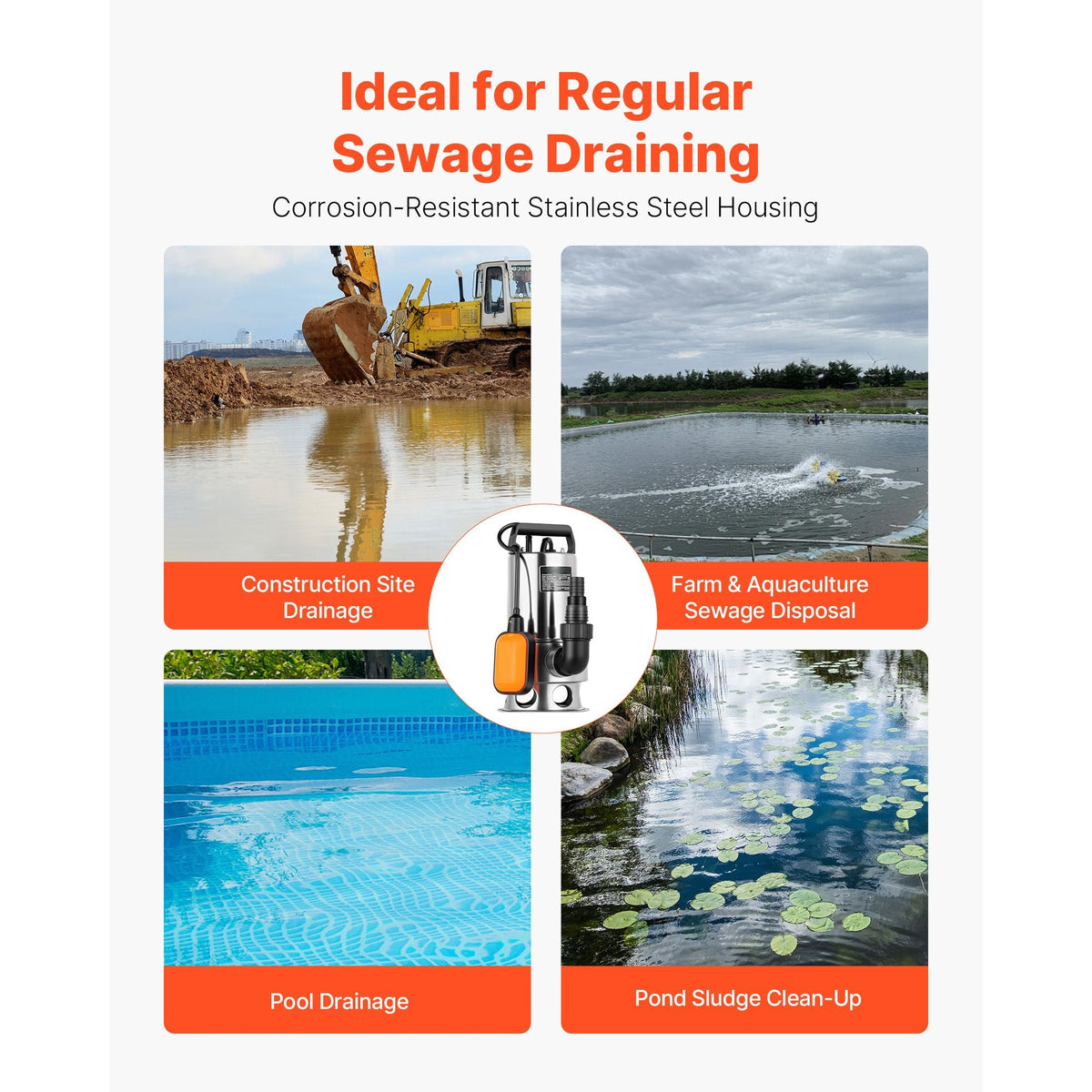 0.68 HP Submersible Sump Pump, 4000 GPH, Stainless Steel Submersible Sewage Dirty Clean Water Pump with Automatic Float Switch, Long Cord, 30 ft Max Lift, for Pools, Garden, Flooded Basement
