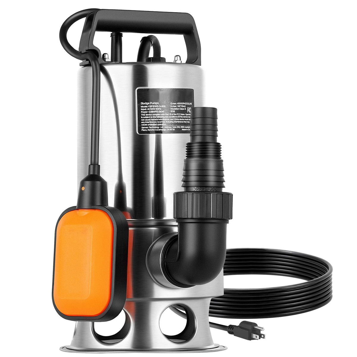 0.68 HP Submersible Sump Pump, 4000 GPH, Stainless Steel Submersible Sewage Dirty Clean Water Pump with Automatic Float Switch, Long Cord, 30 ft Max Lift, for Pools, Garden, Flooded Basement