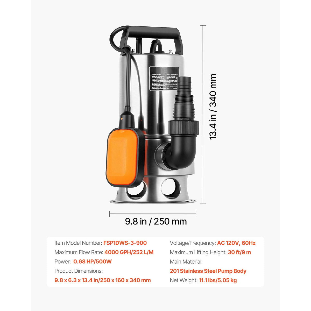 0.68 HP Submersible Sump Pump, 4000 GPH, Stainless Steel Submersible Sewage Dirty Clean Water Pump with Automatic Float Switch, Long Cord, 30 ft Max Lift, for Pools, Garden, Flooded Basement