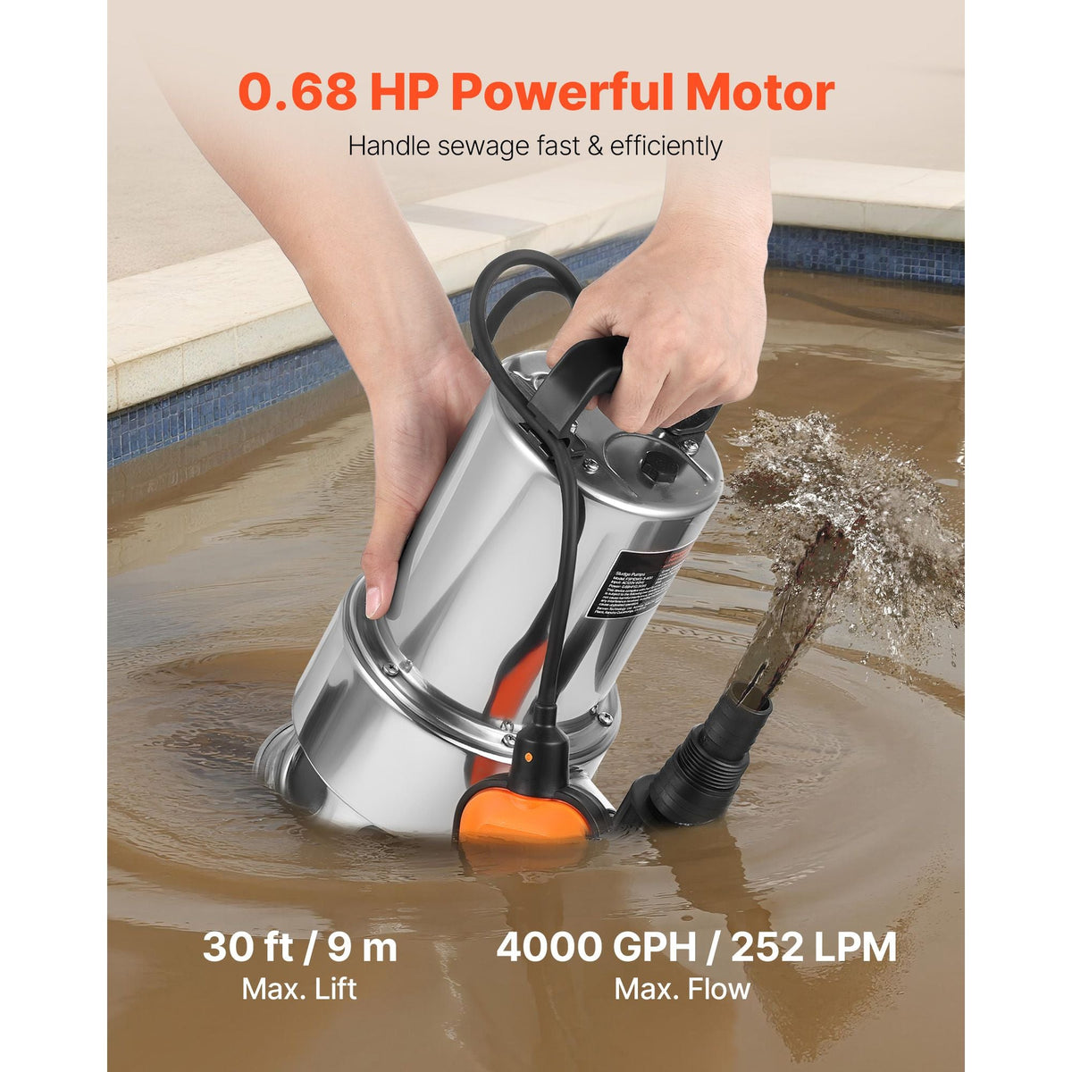 0.68 HP Submersible Sump Pump, 4000 GPH, Stainless Steel Submersible Sewage Dirty Clean Water Pump with Automatic Float Switch, Long Cord, 30 ft Max Lift, for Pools, Garden, Flooded Basement