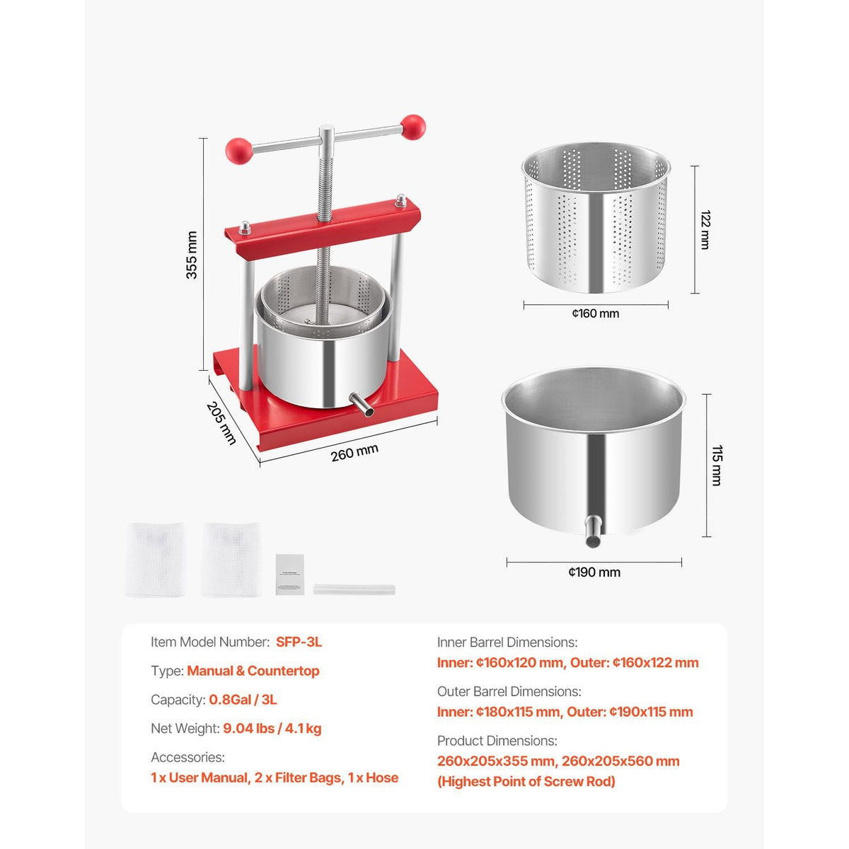 0.8 Gal/3L Fruit Wine Press, 2 Stainless Steel Barrels, Manual Juice Maker, Cider Apple Grape Tincture Honey Olive Oil Making Press with T-Handle for Outdoor Kitchen Home