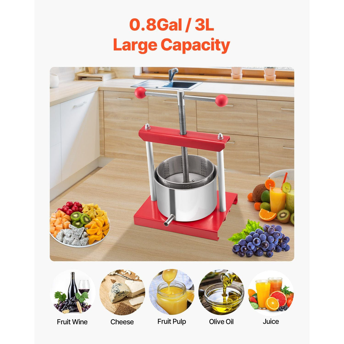 0.8 Gal/3L Fruit Wine Press, 2 Stainless Steel Barrels, Manual Juice Maker, Cider Apple Grape Tincture Honey Olive Oil Making Press with T-Handle for Outdoor Kitchen Home