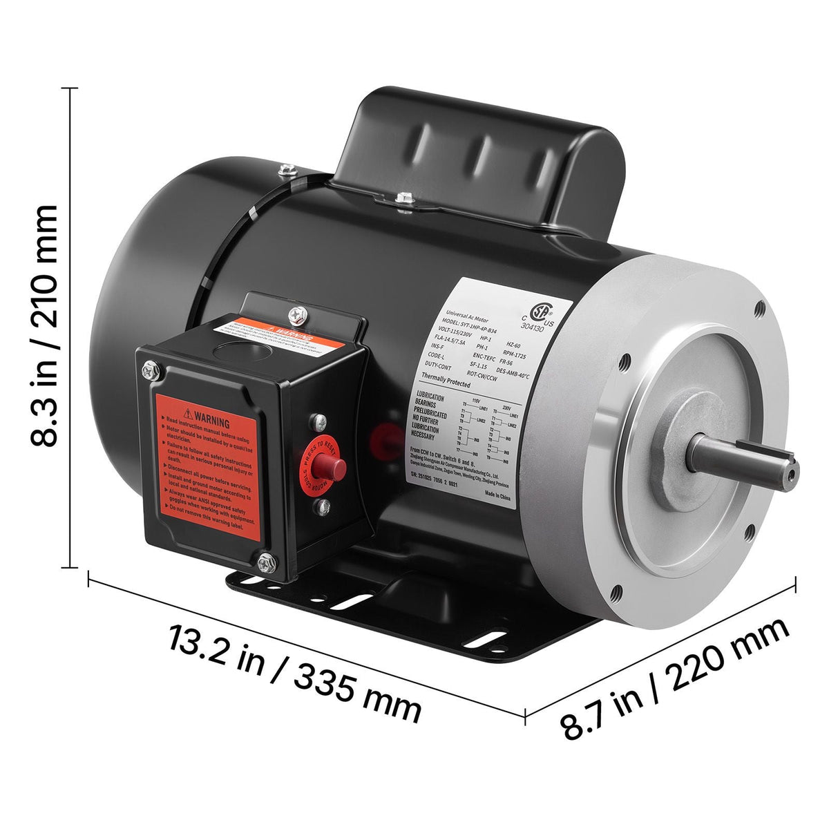 1 HP Electric Motor, 1725RPM Air Compressor Motor, CW/CCW Rotation, 5/8 inch Shaft Diameter, 1.88inch Shaft Length, 4.1N.m Torque, Single-Phase, TEFC Cooling, 115V/230V, 56 Frame