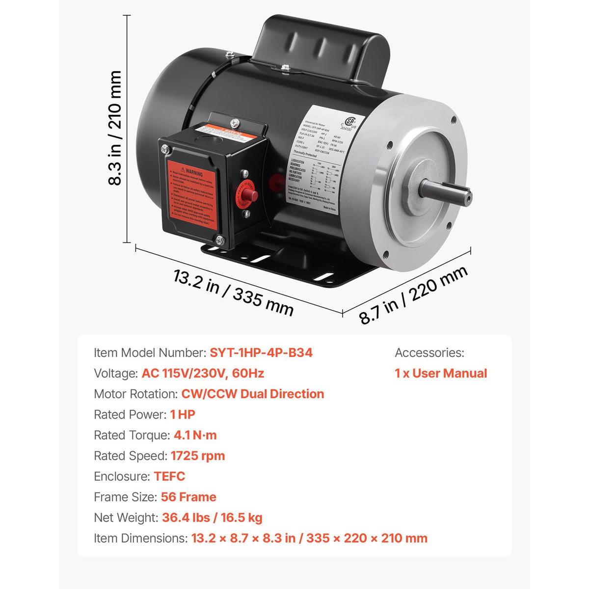 1 HP Electric Motor, 1725RPM Air Compressor Motor, CW/CCW Rotation, 5/8 inch Shaft Diameter, 1.88inch Shaft Length, 4.1N.m Torque, Single-Phase, TEFC Cooling, 115V/230V, 56 Frame