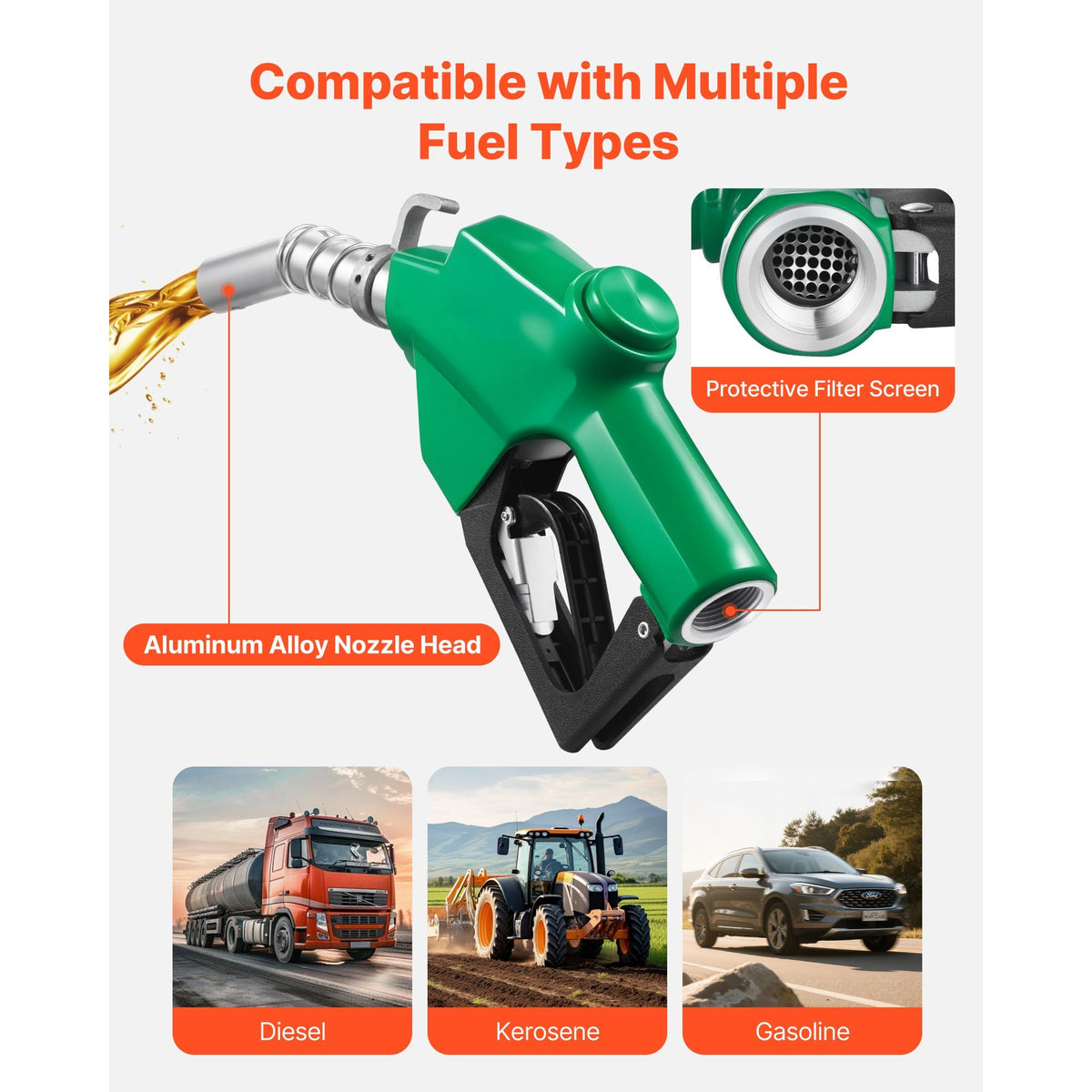 1 Inch NPT Automatic Fuel Nozzle, Max Flow Rate 21.6 GPM, Auto Shut Off Diesel Gas Pump Nozzle with 3-Speed Trigger Lock & 1-3/16 in (OD=30.1 mm) Spout for Gasoline, Diesel, Kerosene, Green