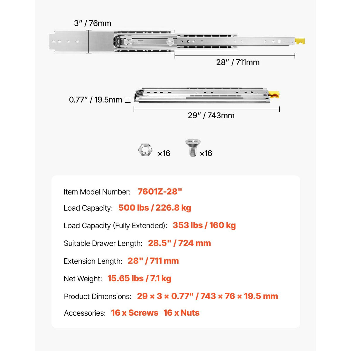 1 Pair Full Extension Drawer Slides 18 20 22 28 30 32 36 38 40 44 48 52 56 60 in, 500 lbs Load Capacity Locking Drawer Slides, Ball Bearing with Lock Side Mount Drawer Slide Rail
