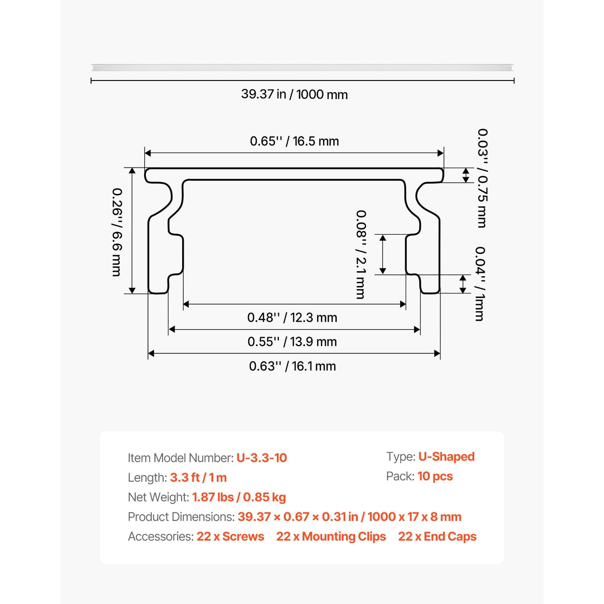 10-Pack 3.3 ft/1M U Shape LED Aluminum Channel, with Milky Cover, End Caps and Mounting Clips, Aluminum Profile for LED Strip Light Installations, Easy Installation, for Under Cabinet Counter