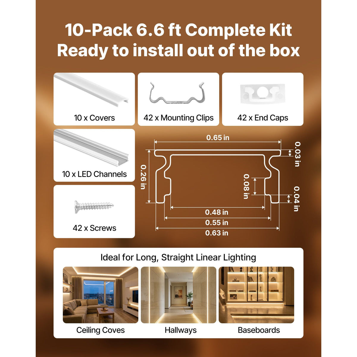 10-Pack 6.6 ft/2M U Shape LED Aluminum Channel, with Milky Cover, End Caps and Mounting Clips, Aluminum Profile for LED Strip Light Installations, Easy Installation, for Under Cabinet Counter