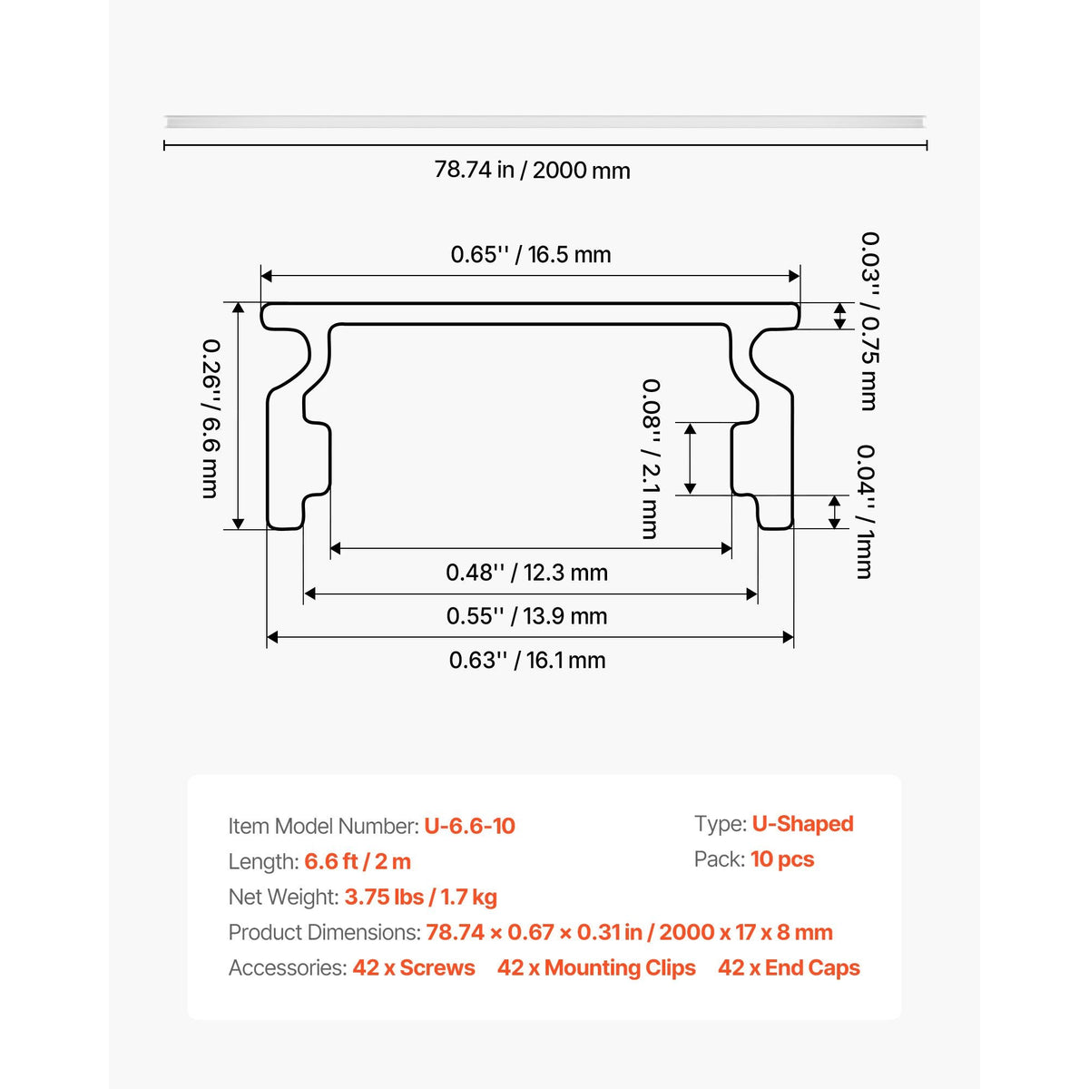 10-Pack 6.6 ft/2M U Shape LED Aluminum Channel, with Milky Cover, End Caps and Mounting Clips, Aluminum Profile for LED Strip Light Installations, Easy Installation, for Under Cabinet Counter