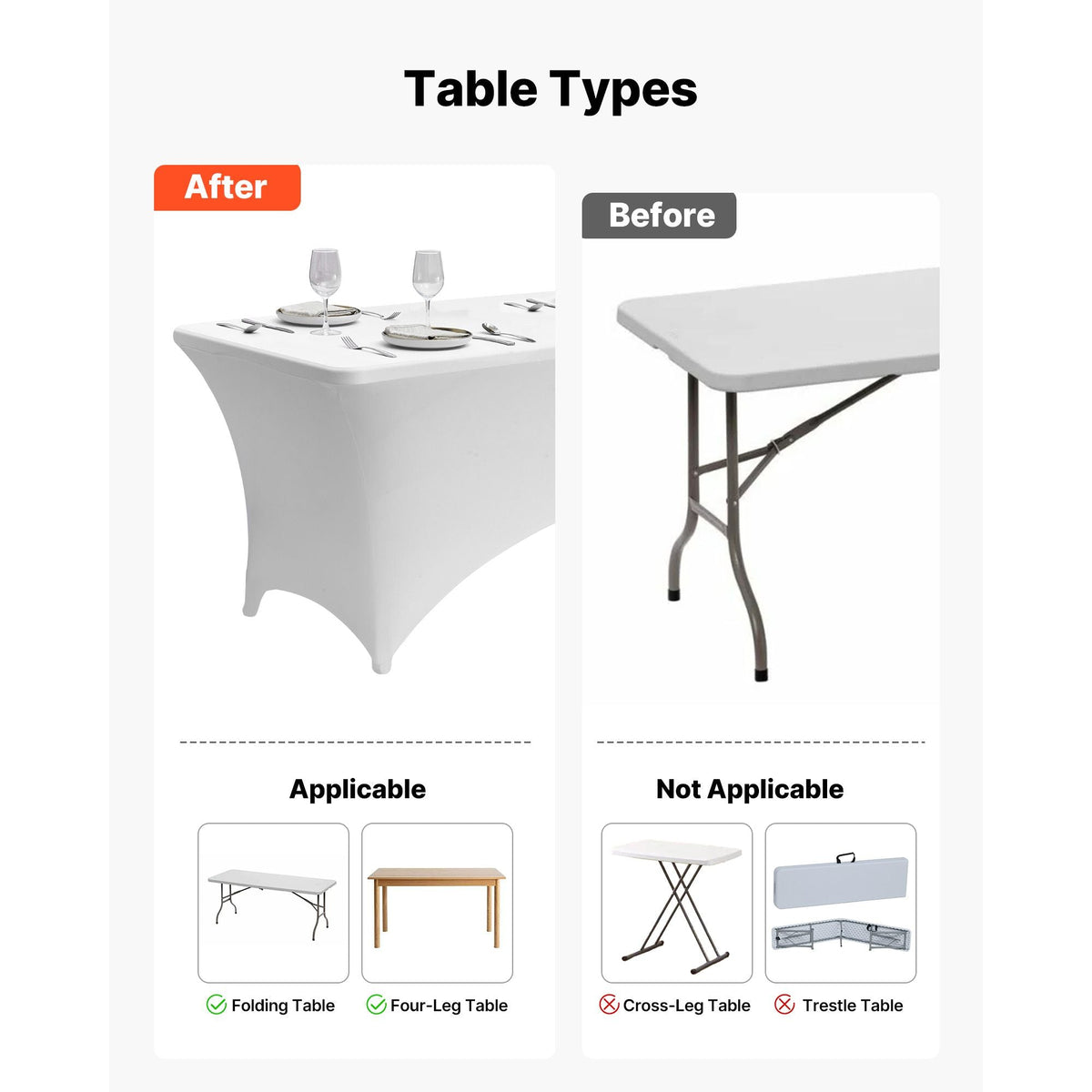 10 Pack Table Cloth for 6FT Rectangular Fitted Events, Wrinkle-Resistant Stretch White Table Covers, Washable Spandex Tablecloth Protector, for Party, Wedding, Cocktail, Banquet, Festival