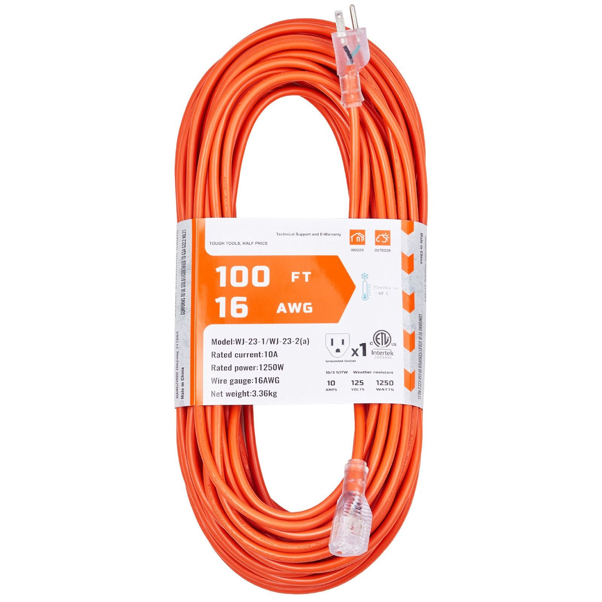 100FT Indoor Outdoor Extension Cord, 16AWG 10Amps 1250W, 3 Prongs Appliance Electric Cord with Lighted End, Flexible & -40 Celsius Cold-Resistant for Office Home Use, ETL Listed