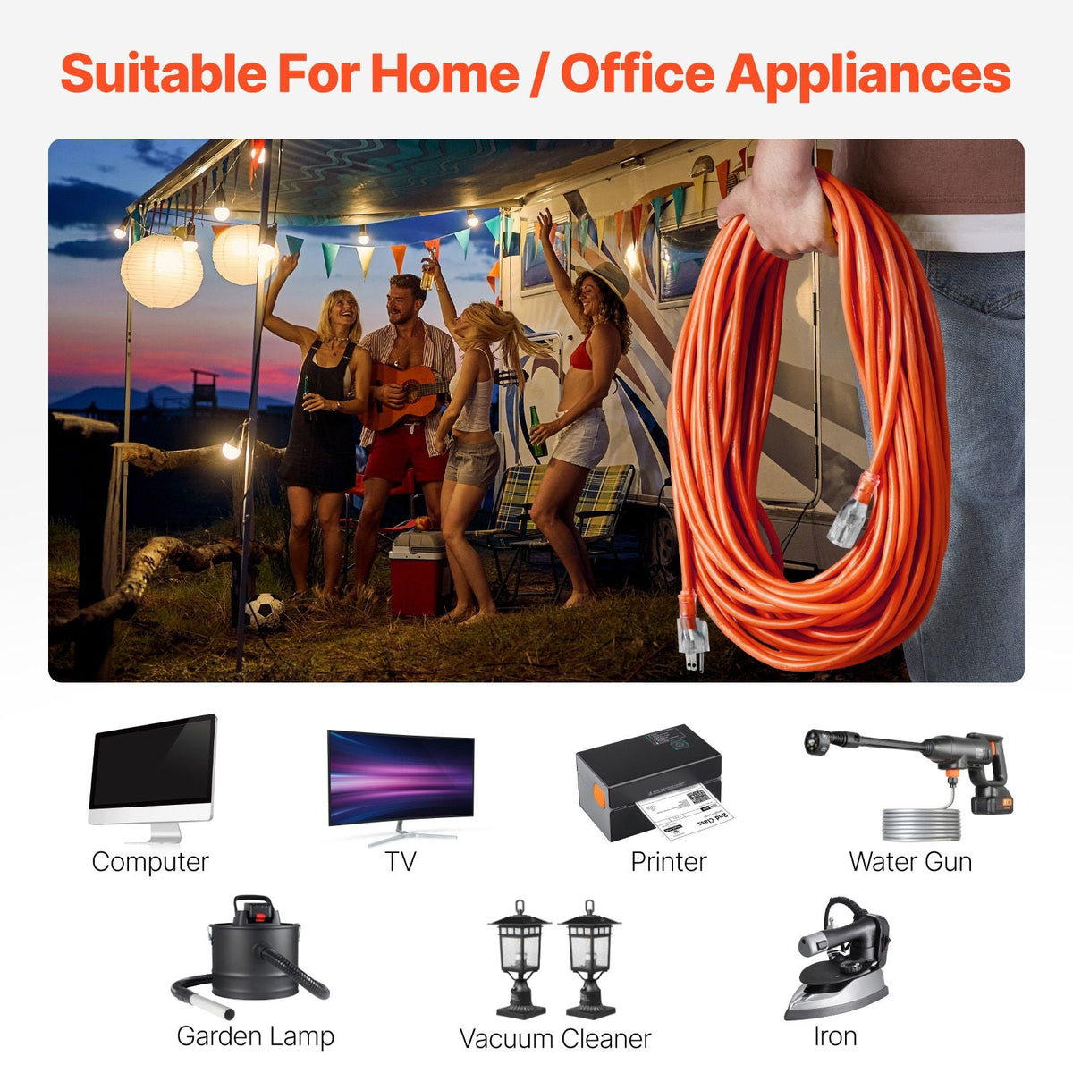 100FT Indoor Outdoor Extension Cord, 16AWG 10Amps 1250W, 3 Prongs Appliance Electric Cord with Lighted End, Flexible & -40 Celsius Cold-Resistant for Office Home Use, ETL Listed