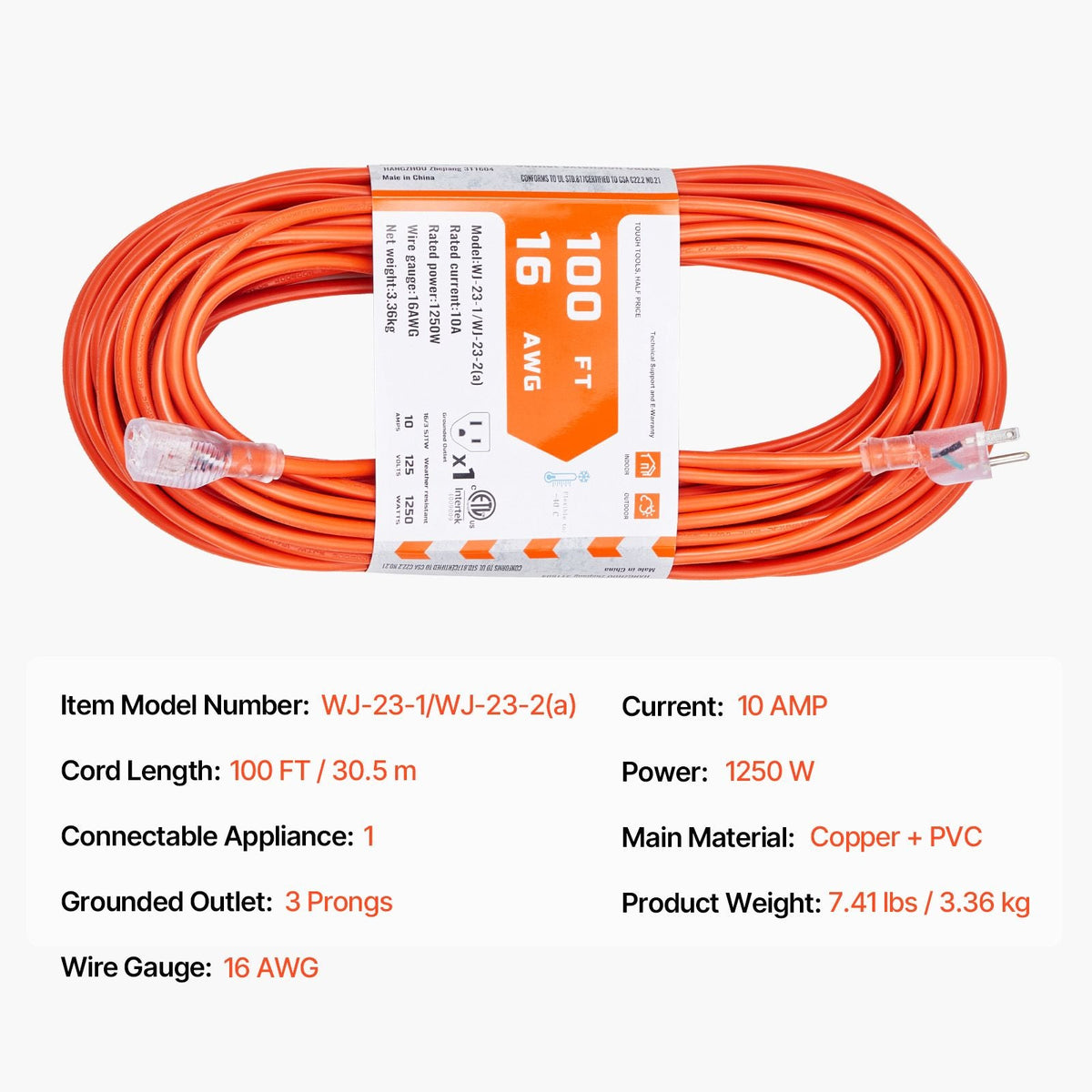 100FT Indoor Outdoor Extension Cord, 16AWG 10Amps 1250W, 3 Prongs Appliance Electric Cord with Lighted End, Flexible & -40 Celsius Cold-Resistant for Office Home Use, ETL Listed
