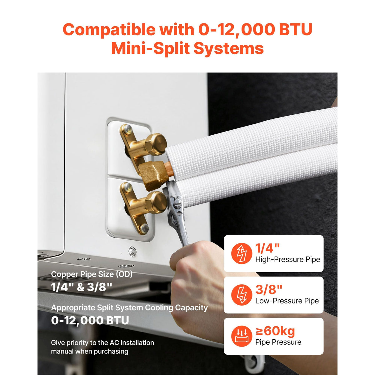 100ft Mini Split Line Set, 1/4' & 3/8' OD AC Copper Tubing Pipe, 3/8 White PE Thickened Insulated Coil with Flared Nuts, Strapping Tapes, for Mini Split Air Conditioner HVAC or Heat Pump System