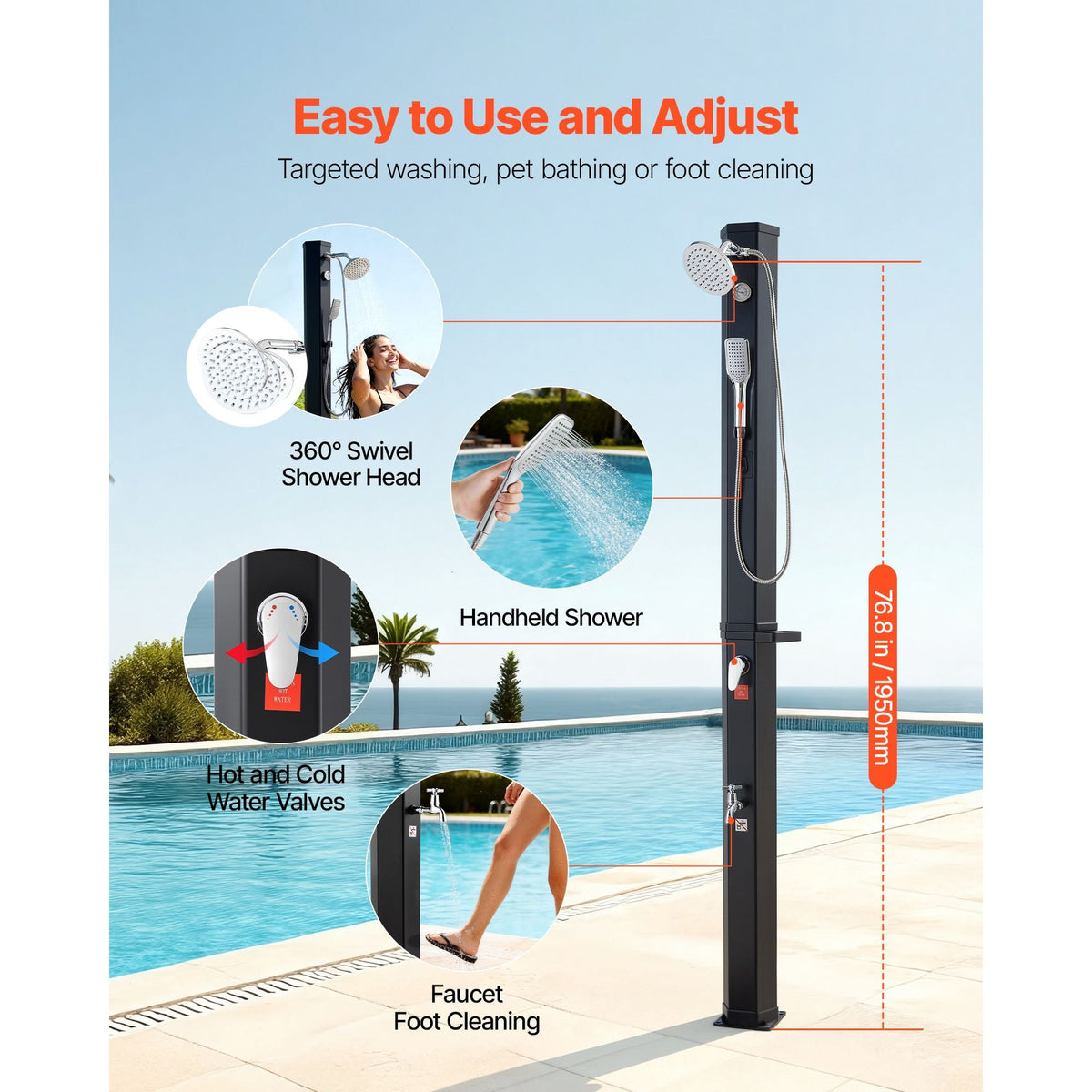 10.6 Gal Solar Heated Shower, 6.7ft Showerhead Height Outdoor Shower, with Handheld & Foot Faucet, Hot & Cold Water Adjustment, Freestanding for Backyard Poolside Beach Pool, Black