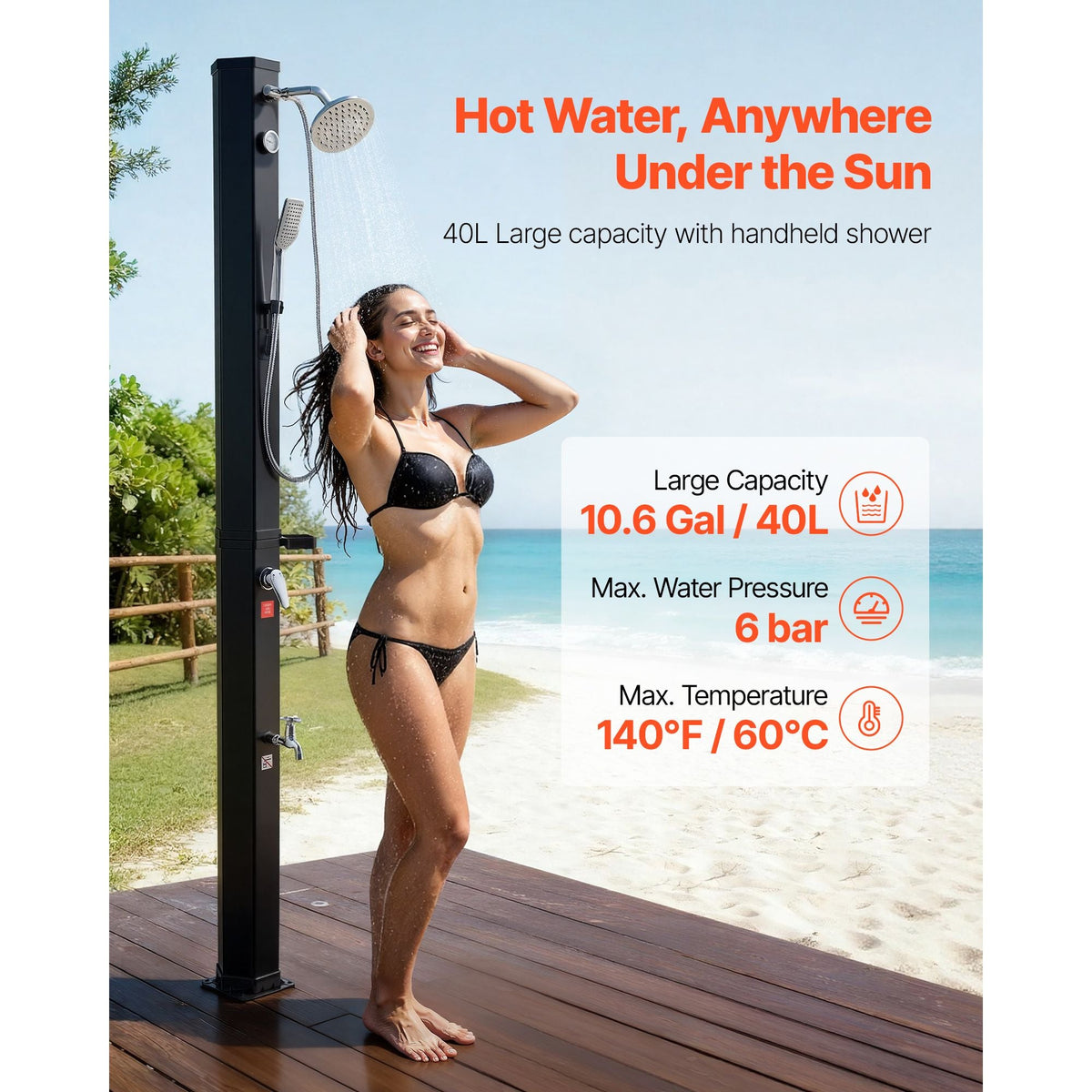 10.6 Gal Solar Heated Shower, 6.7ft Showerhead Height Outdoor Shower, with Handheld & Foot Faucet, Hot & Cold Water Adjustment, Freestanding for Backyard Poolside Beach Pool, Black