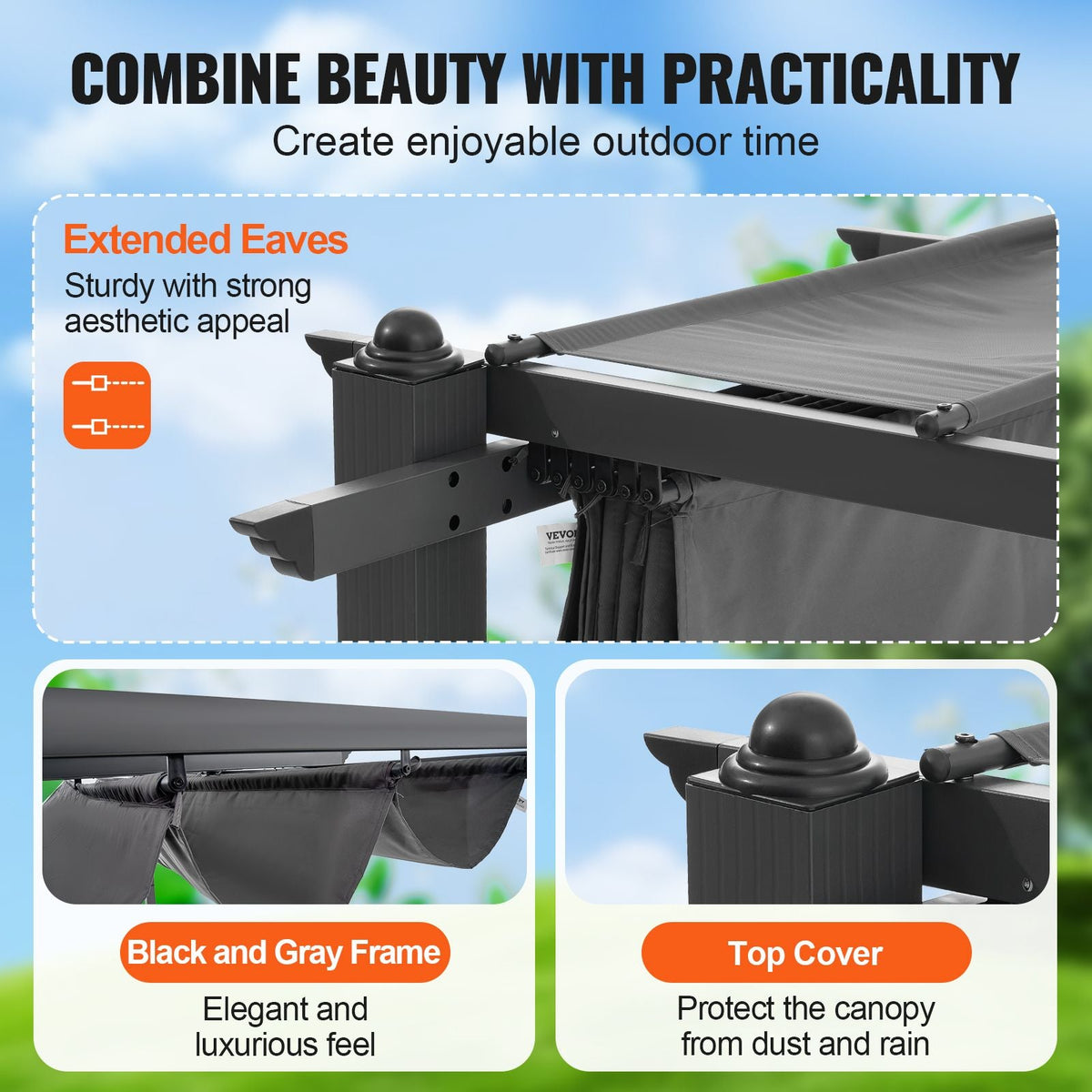 10'x13' Outdoor Retractable Pergola with Canopy, Aluminum Pergola with Retractable Canopy, Modern Pergola with Sun Shade Canopy for Patios, Gardens, Decks, Backyards (Gray)