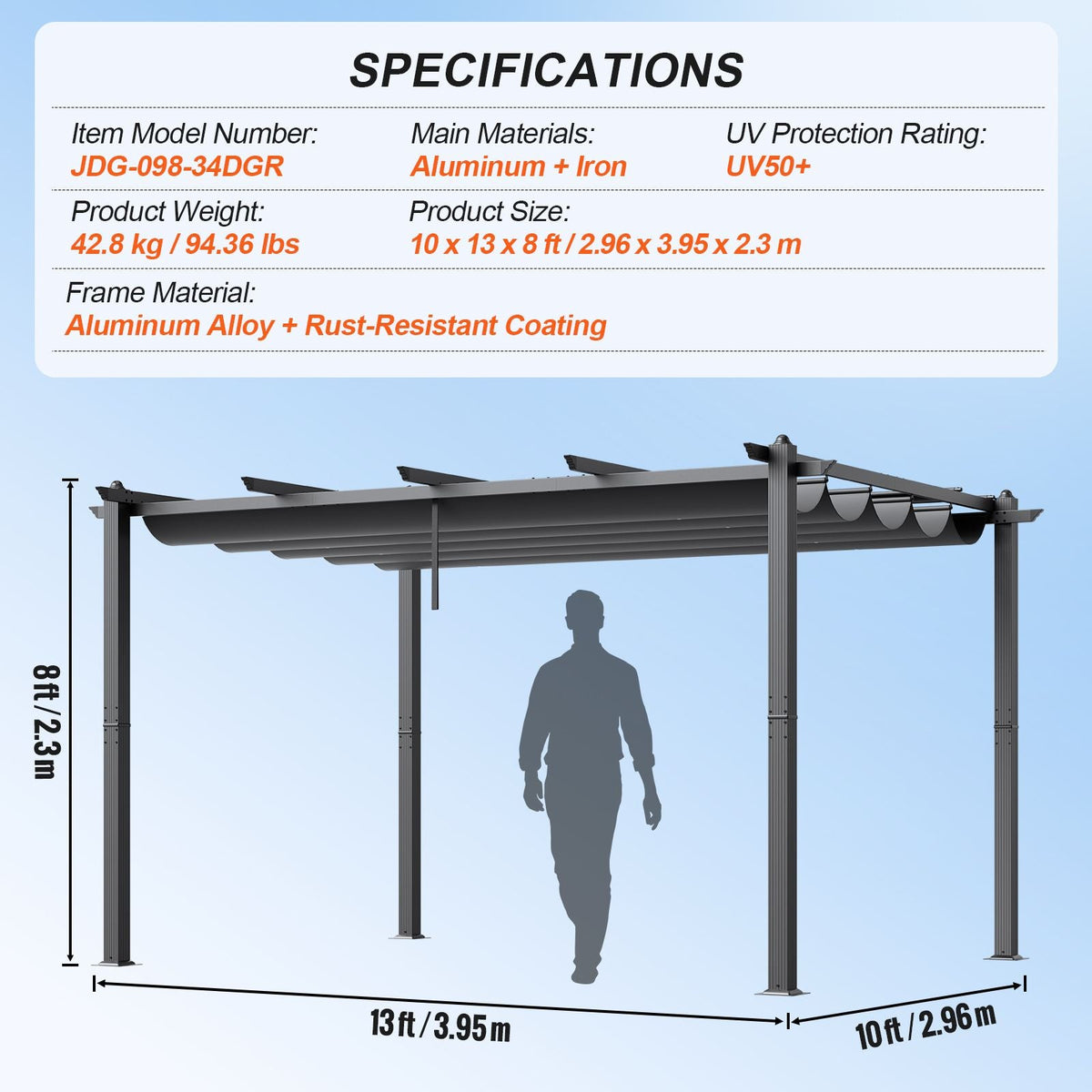 10'x13' Outdoor Retractable Pergola with Canopy, Aluminum Pergola with Retractable Canopy, Modern Pergola with Sun Shade Canopy for Patios, Gardens, Decks, Backyards (Gray)