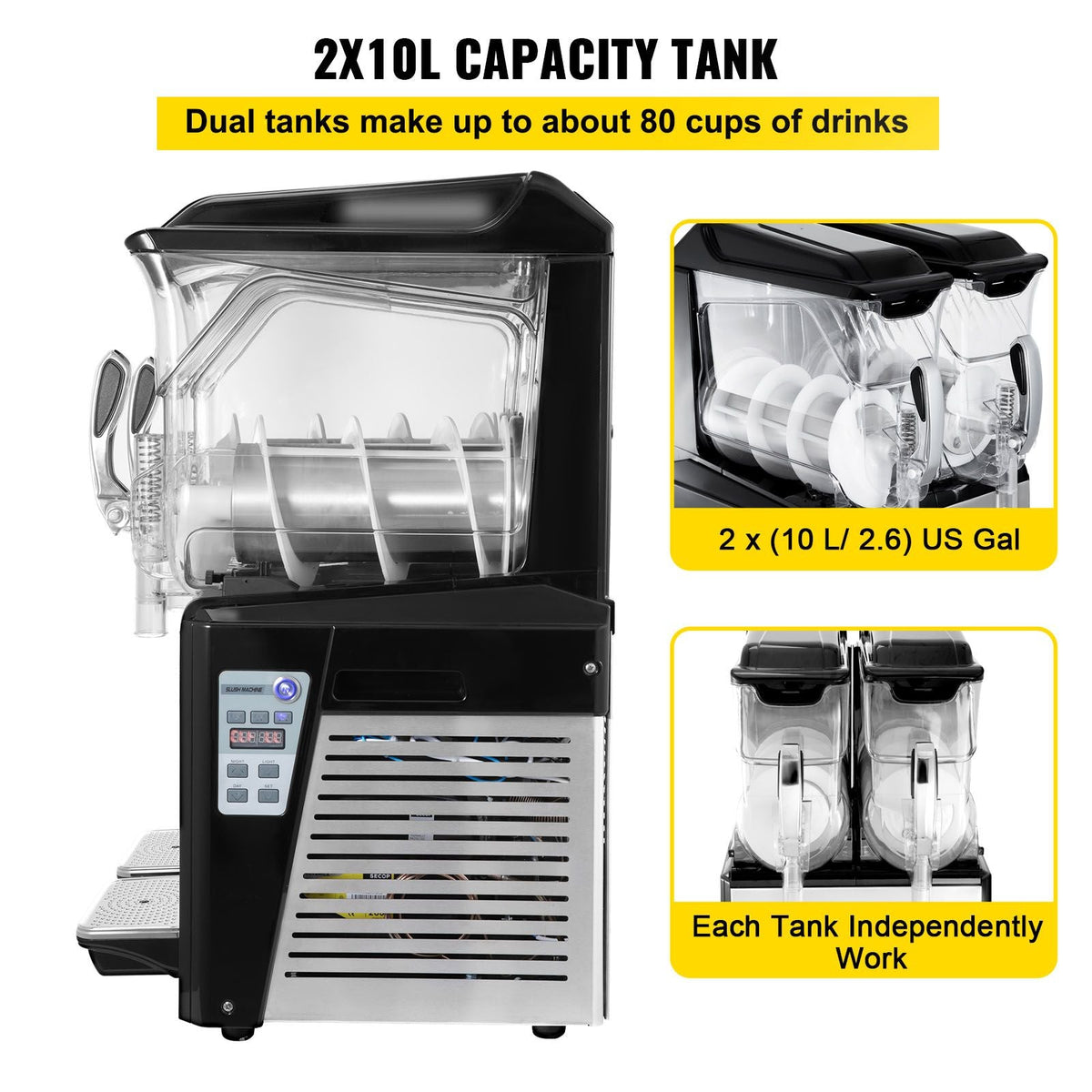 110V Slushy Machine 20L Double Bowl Margarita Frozen Drink Maker 900W Automatic Clean Day and Night Modes for Supermarkets Cafes Restaurants Snack Bars Commercial Use
