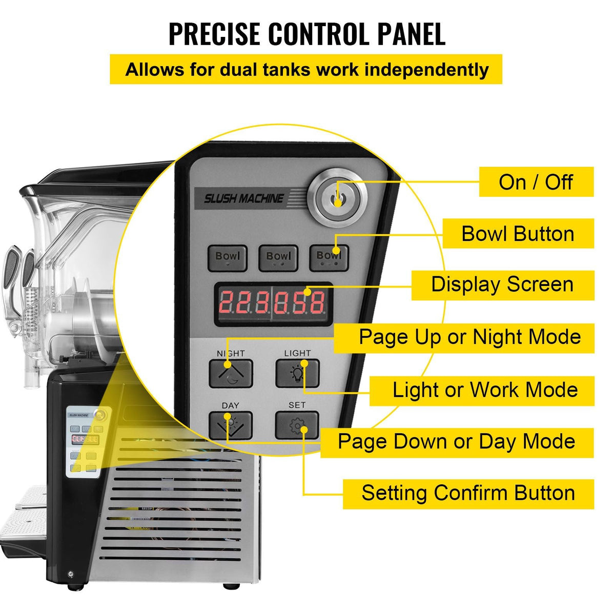 110V Slushy Machine 20L Double Bowl Margarita Frozen Drink Maker 900W Automatic Clean Day and Night Modes for Supermarkets Cafes Restaurants Snack Bars Commercial Use