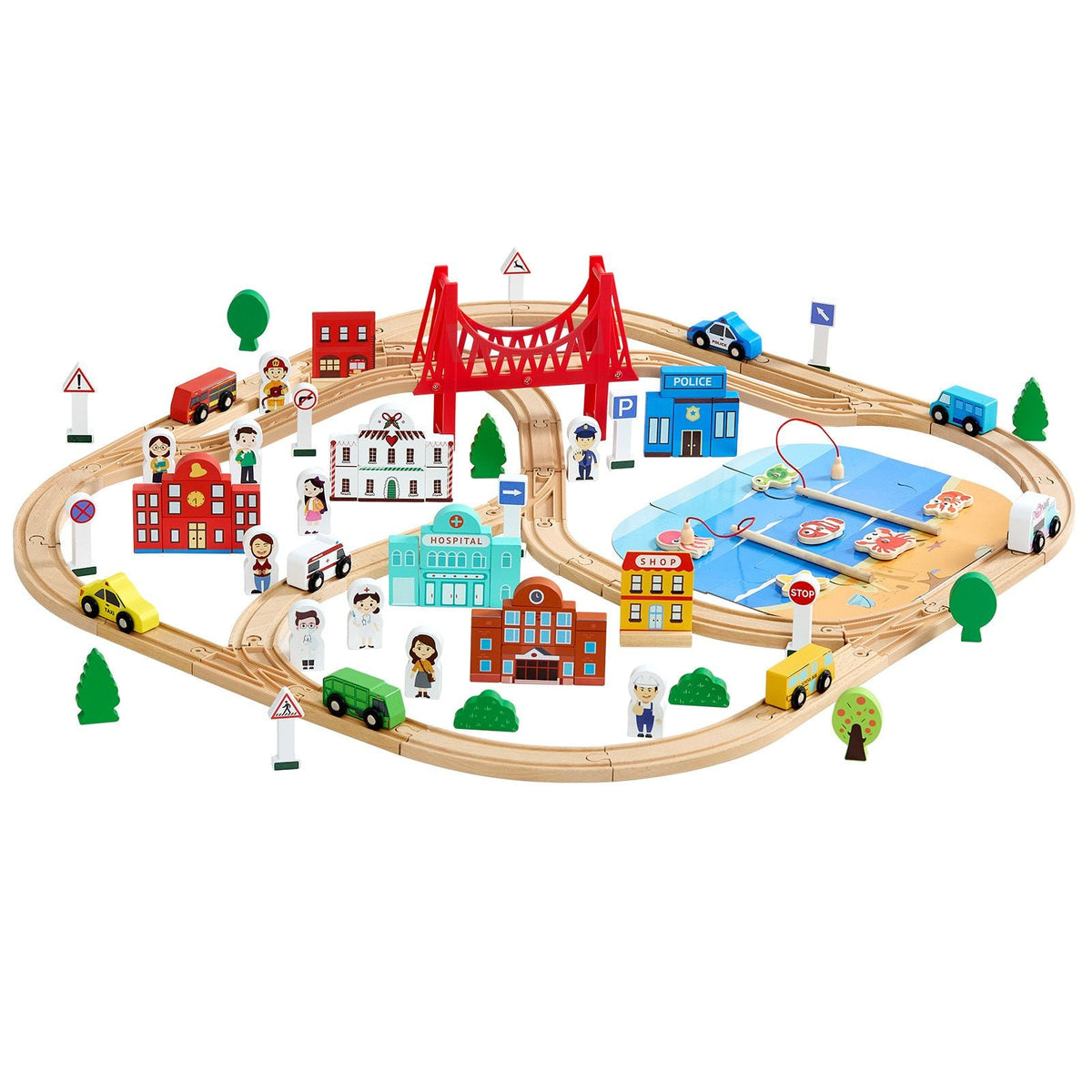 113PCS Wooden Train Set, for Kids Ages 3-8, Wood Train Track Toy with Storage Box, City Scene Railway Playset, Compatible with Major Brands, Christmas Birthday Toy for Toddlers Boys and Girls