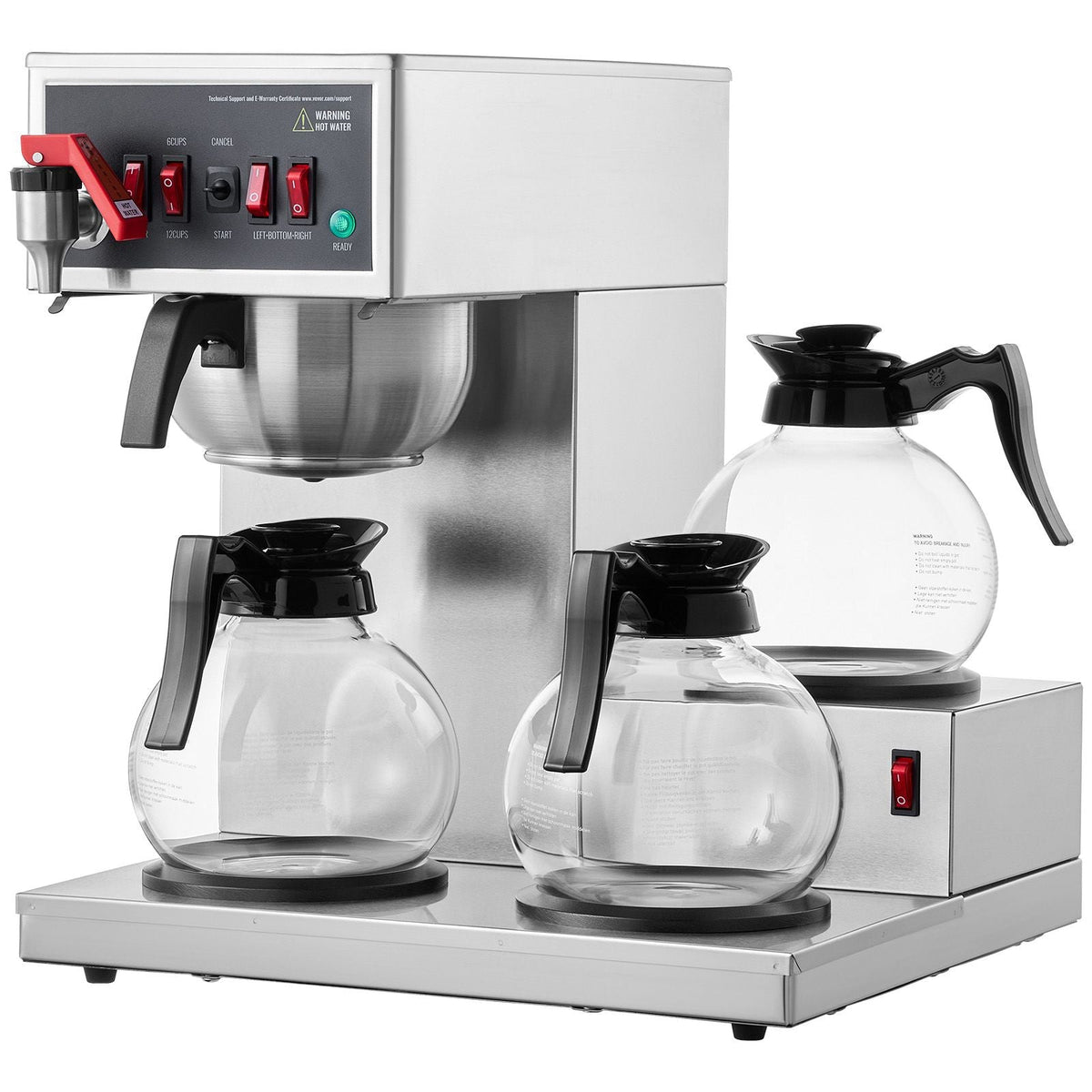 12 Cups Commercial Drip Coffee Maker, Coffee Maker Machine with 3 Glass Carafes and 3 Warmer Plates, Stainless Steel Pour Over Coffee Brewer for Restaurant, Office, Cafe