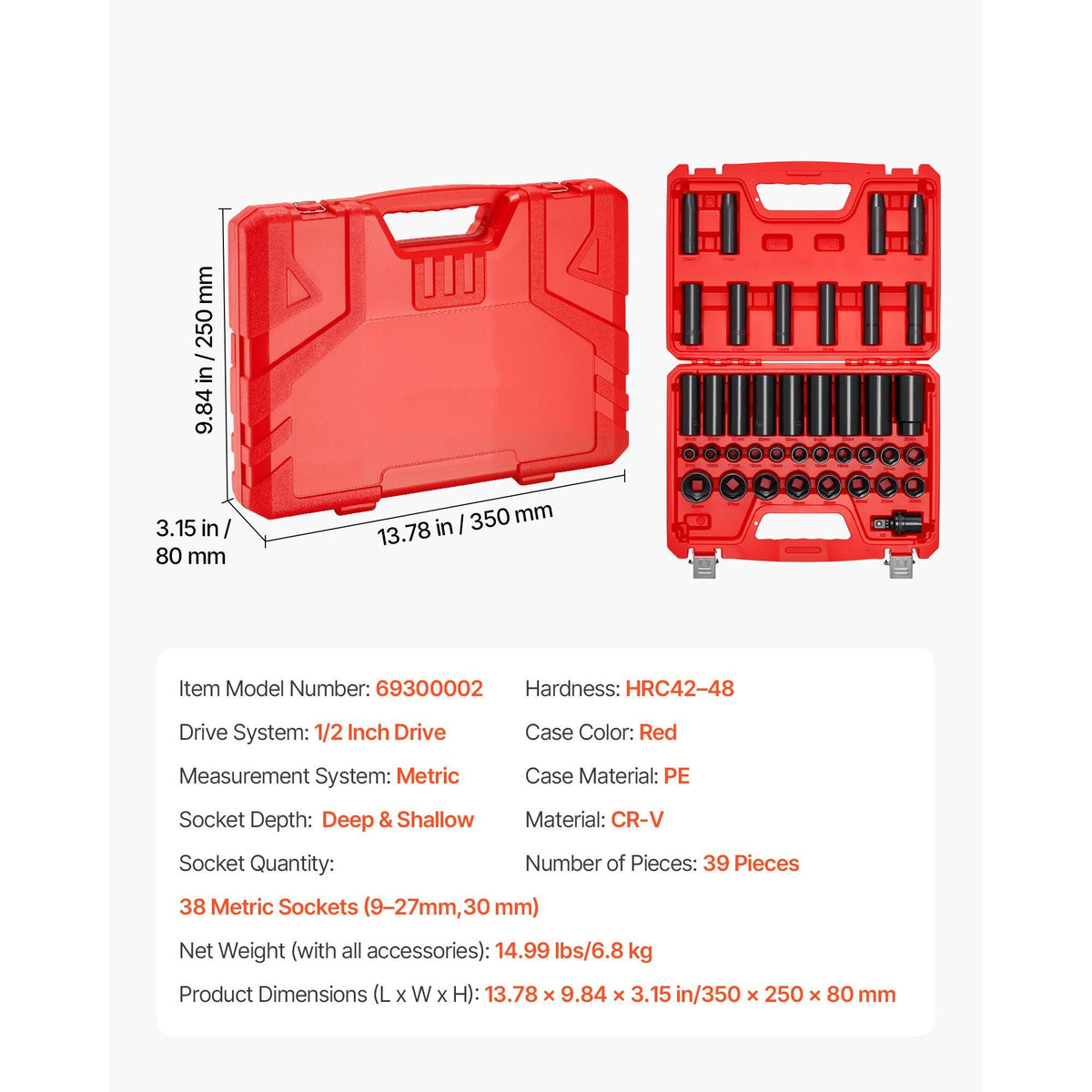1/2 in Drive Impact Socket Set, 39 Piece, 6 Point Deep & Shallow Impact Sockets, Metric 9 to 30 mm, Cr-V Steel High Durability, with Universal Joint, Dual Size Markings, Heavy Duty Carrying Case
