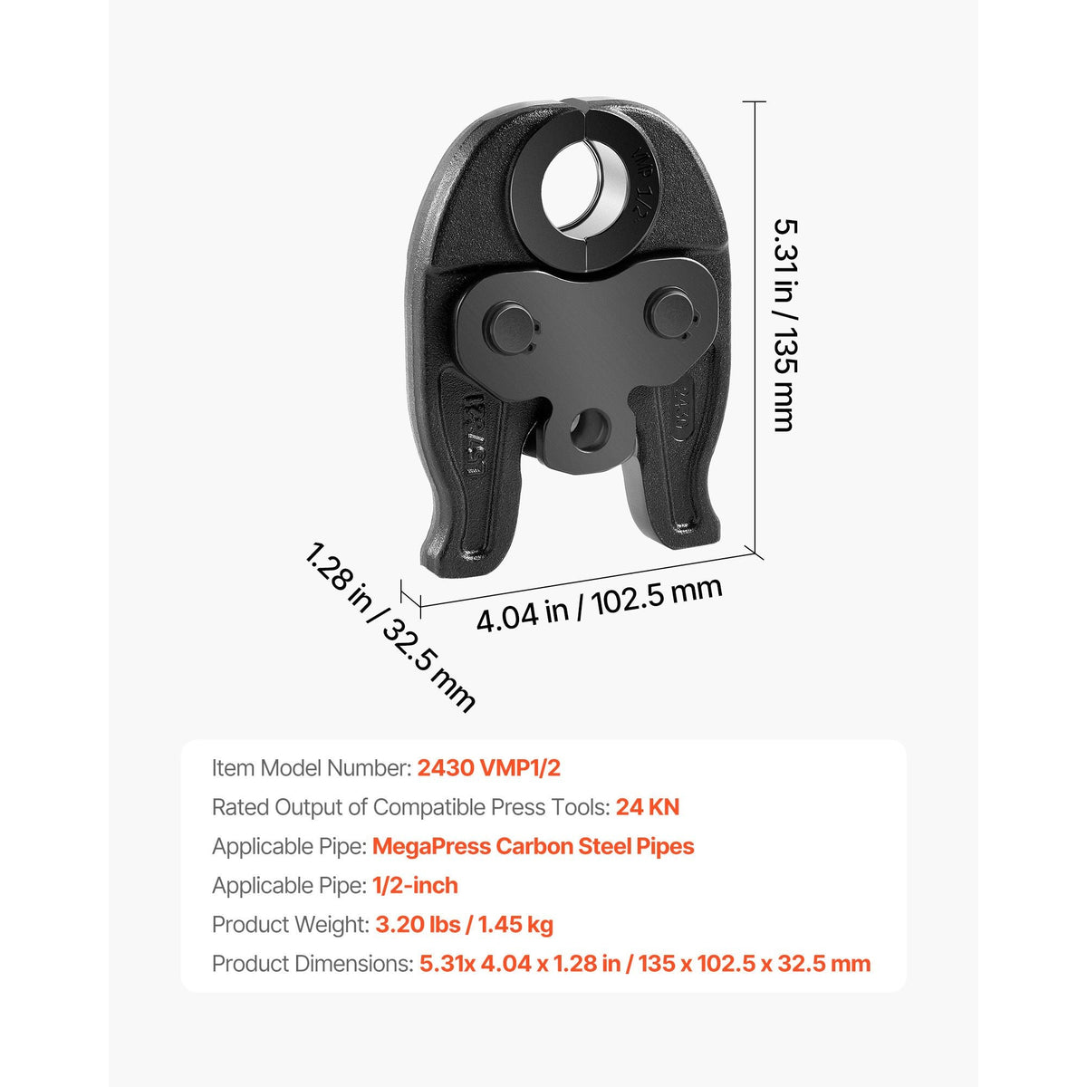 1/2" MegaPress Jaw for Compact Series Press Tools, 52 HRC Hardened Steel Pressing Jaw - Compatible with 24KN Press Tools for Carbon Steel Pipes Connections