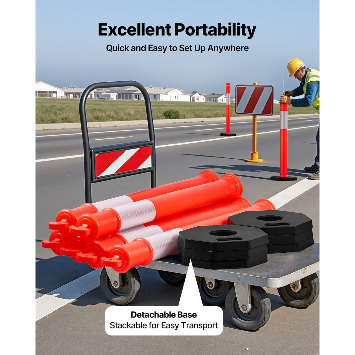12 Pack Traffic Delineator Posts, 48 inches Traffic Safety Cones with Weighted Base and Reflective Strips, Heavy Duty Delineator Posts for Construction Site, Parking Lot, Crowd Control, Red