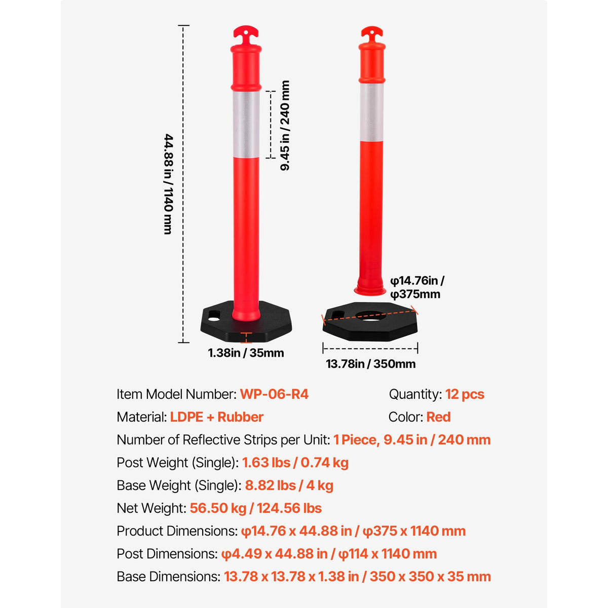 12 Pack Traffic Delineator Posts, 48 inches Traffic Safety Cones with Weighted Base and Reflective Strips, Heavy Duty Delineator Posts for Construction Site, Parking Lot, Crowd Control, Red