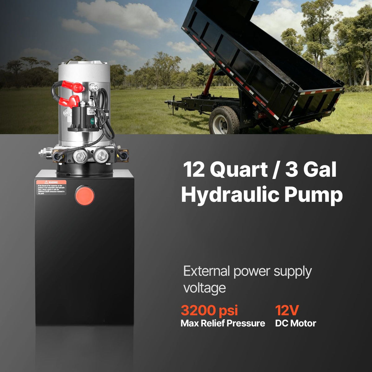 12 Quart Hydraulic Power Unit, Double Acting Dump Trailer Pump, 3200 PSI Max Relief Pressure & 0.91 GPM Flow Rate, DC 12V Hydraulic Pump with Metal Reservoir for Dump Trailer Car Lifting