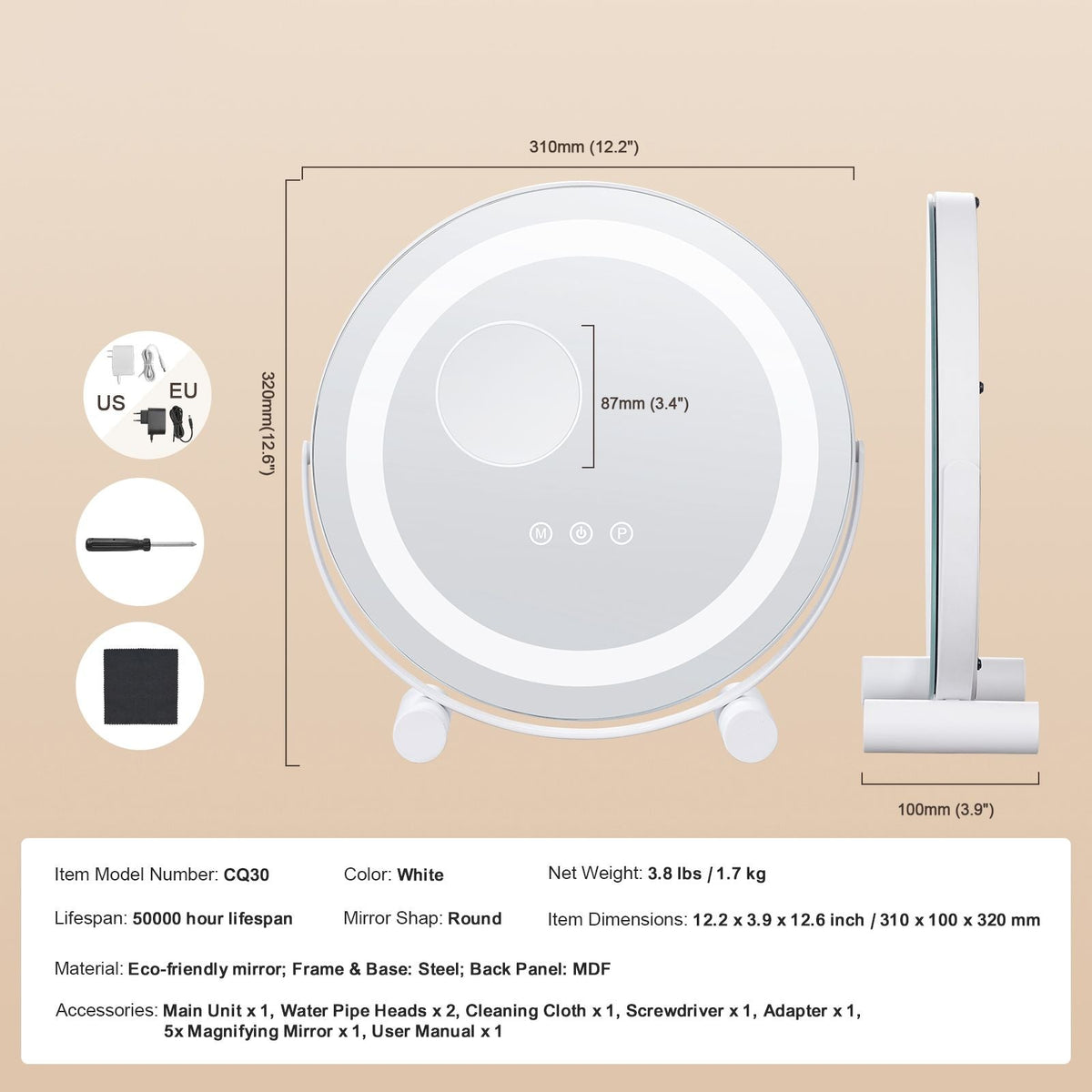 12' Vanity Mirror With Lights, LED Makeup Mirror 3 Color Lighting Modes, with 5X Magnification Mirror, Smart Touch Control, 360°Rotation,Round Lighted Makeup Mirror for Bedroom Tabletop (White)