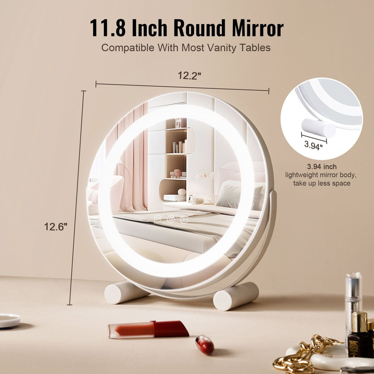12' Vanity Mirror With Lights, LED Makeup Mirror 3 Color Lighting Modes, with 5X Magnification Mirror, Smart Touch Control, 360°Rotation,Round Lighted Makeup Mirror for Bedroom Tabletop (White)
