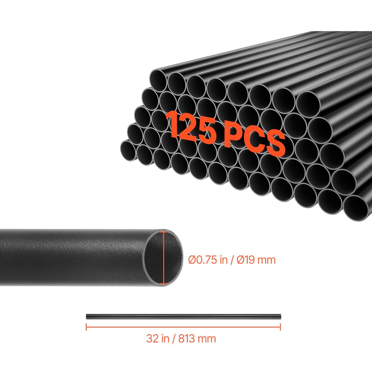 125 Pack Deck Balusters, 32 in Aluminum Railing Spindles, 3/4 in Diameter Hollow Round Metal Decking Stair Balusters with Connectors, Screws, for Deck, Porch & Staircase Railing Fence, Black