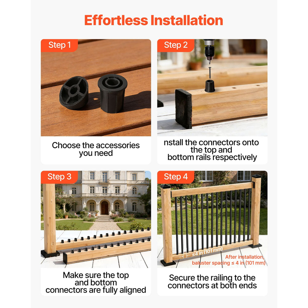 125 Pack Deck Balusters, 32 in Aluminum Railing Spindles, 3/4 in Diameter Hollow Round Metal Decking Stair Balusters with Connectors, Screws, for Deck, Porch & Staircase Railing Fence, Black