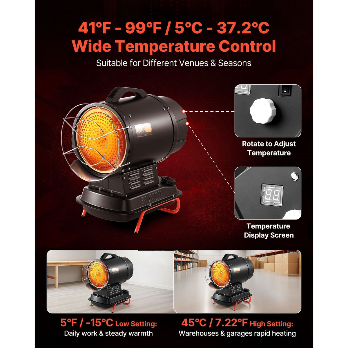 125000 BTU Radiant Kerosene Diesel Heater, Portable Industrial Space Heater with Adjustable Temp & Wheels, Ideal for Jobsite/Garage/Warehouse/Workshop Construction Heating,Black