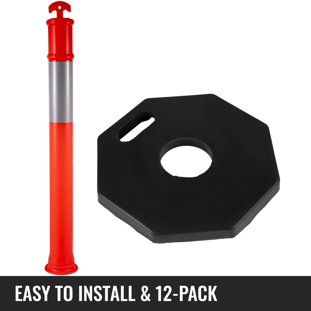 12Pack Traffic Delineator Posts 44 Inch Height, Channelizer Cones Post Kit 10 inch Reflective Band, Delineators Post with Rubber Base 16 inch for Construction Sites, Facility Management etc.
