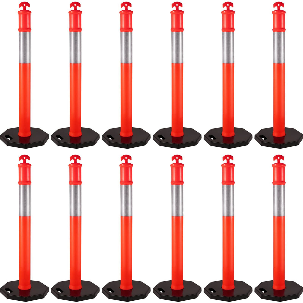 12Pack Traffic Delineator Posts 44 Inch Height, Channelizer Cones Post Kit 10 inch Reflective Band, Delineators Post with Rubber Base 16 inch for Construction Sites, Facility Management etc.