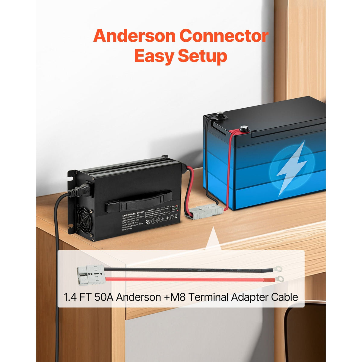 12V 40A Lithium Battery Charger, 14.6V, AC-DC LiFePO4 Smart Charger, with Anderson Connector, LED Indicator, 0V Activation, for Lithium LiFePO4 Deep Cycle Rechargeable Batteries of Boat, RV