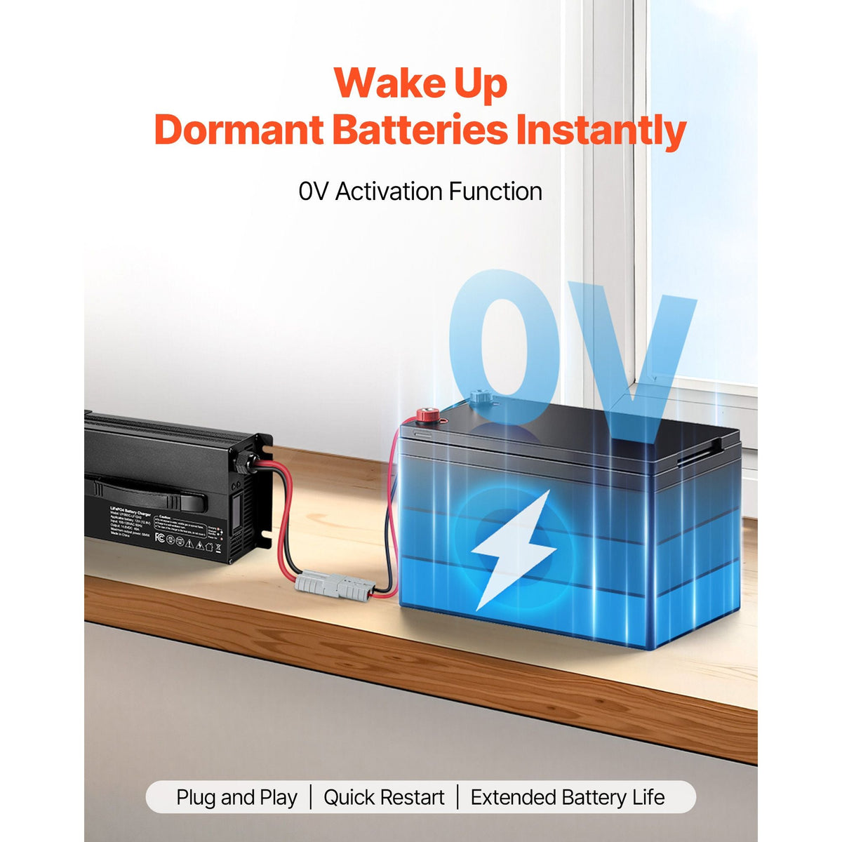 12V 40A Lithium Battery Charger, 14.6V, AC-DC LiFePO4 Smart Charger, with Anderson Connector, LED Indicator, 0V Activation, for Lithium LiFePO4 Deep Cycle Rechargeable Batteries of Boat, RV