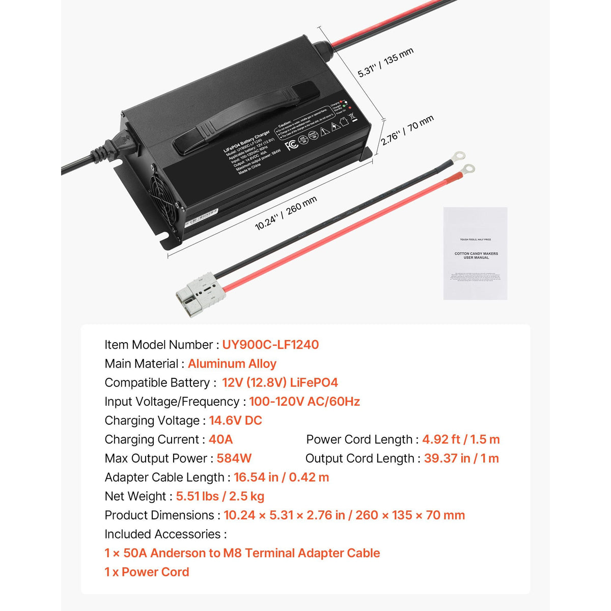 12V 40A Lithium Battery Charger, 14.6V, AC-DC LiFePO4 Smart Charger, with Anderson Connector, LED Indicator, 0V Activation, for Lithium LiFePO4 Deep Cycle Rechargeable Batteries of Boat, RV