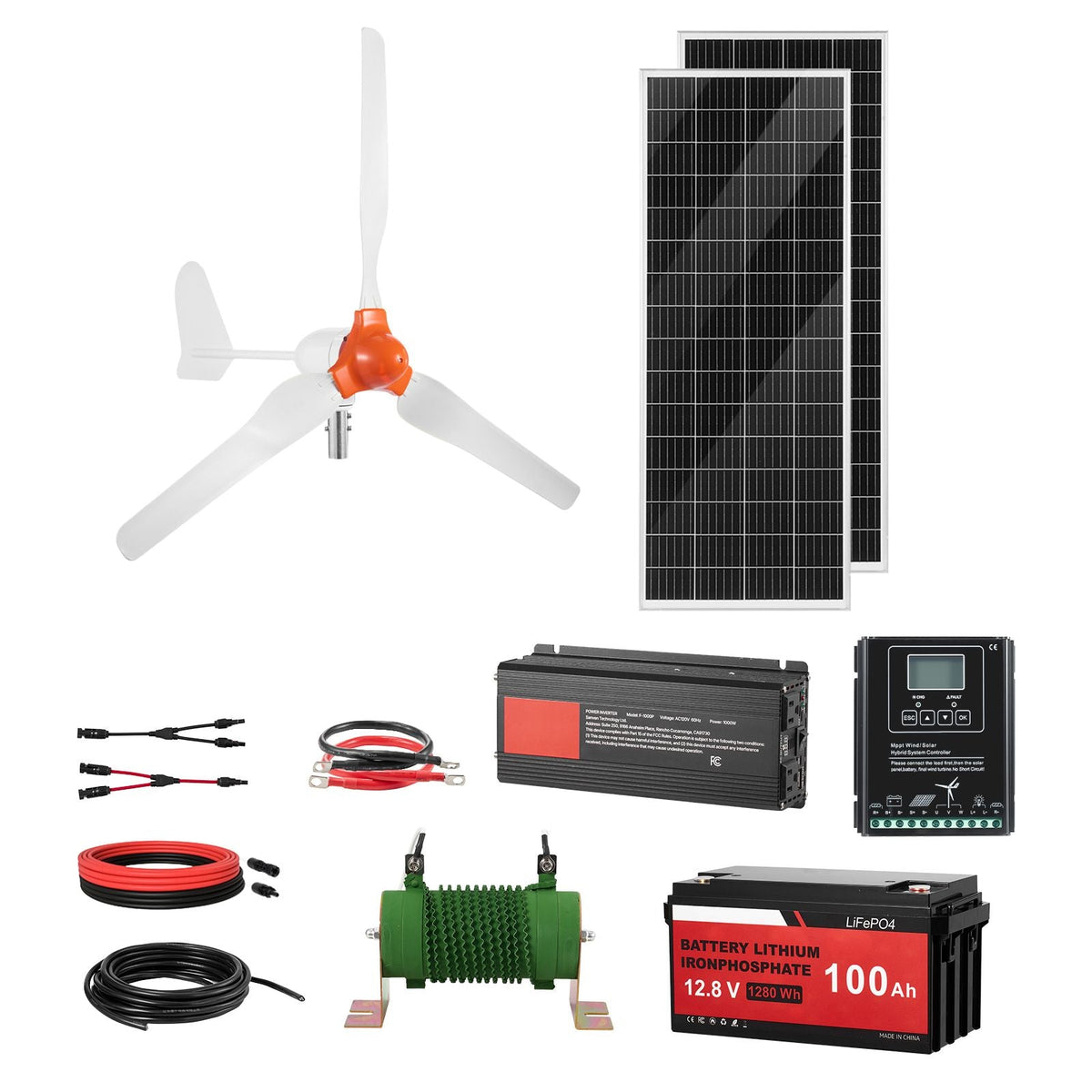 12V 600W Solar Wind Power Kit, 2PCS 100W Solar Panel + 400W Wind Turbine + 12.8V 100Ah LiFePO4 Battery + 1000W Power Inverter + MPPT Hybrid Controller for Home RV Boat Off-Grid Applications