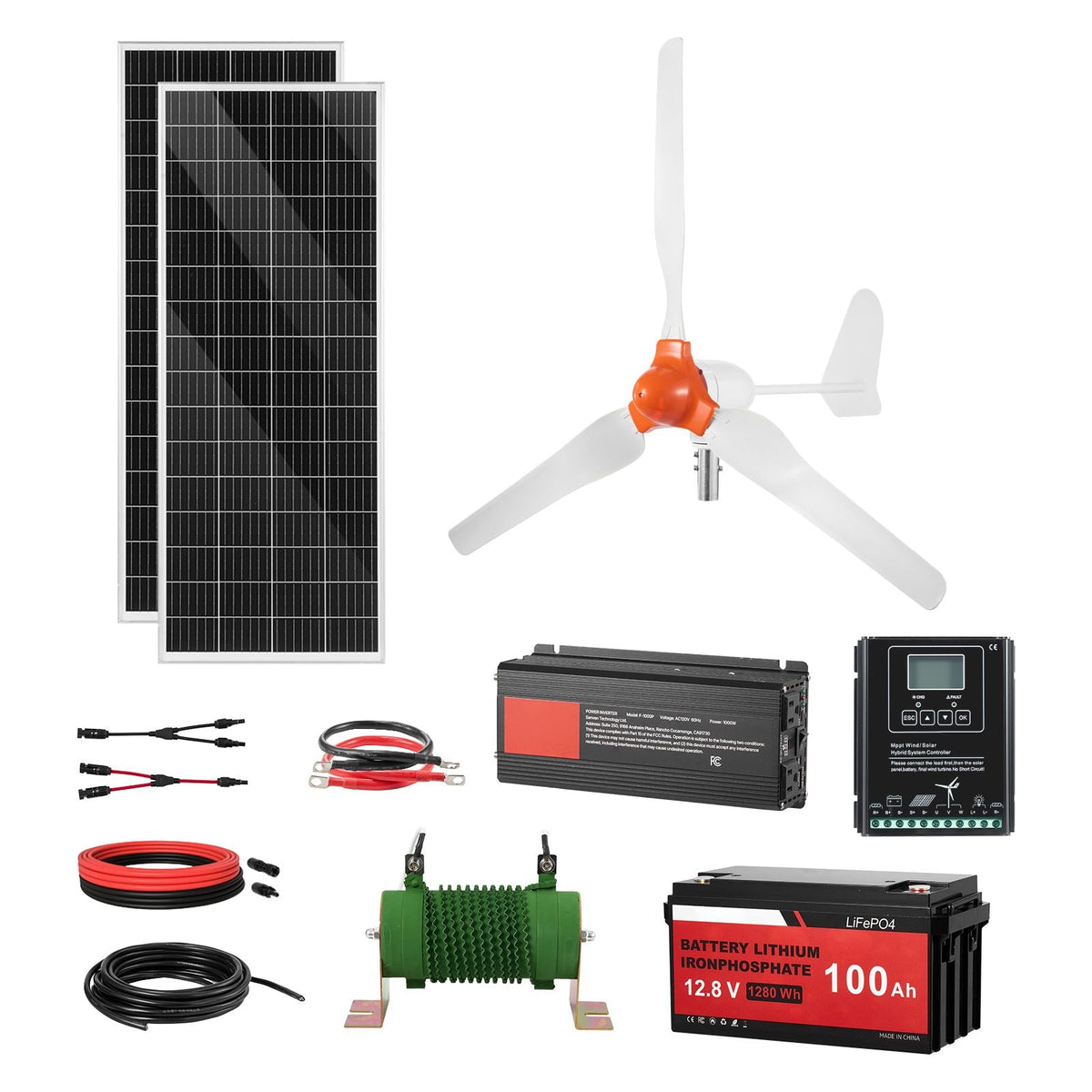 12V 600W Solar Wind Power Kit, 2PCS 100W Solar Panel + 400W Wind Turbine + 12.8V 100Ah LiFePO4 Battery + 1000W Power Inverter + MPPT Hybrid Controller for Home RV Boat Off-Grid Applications