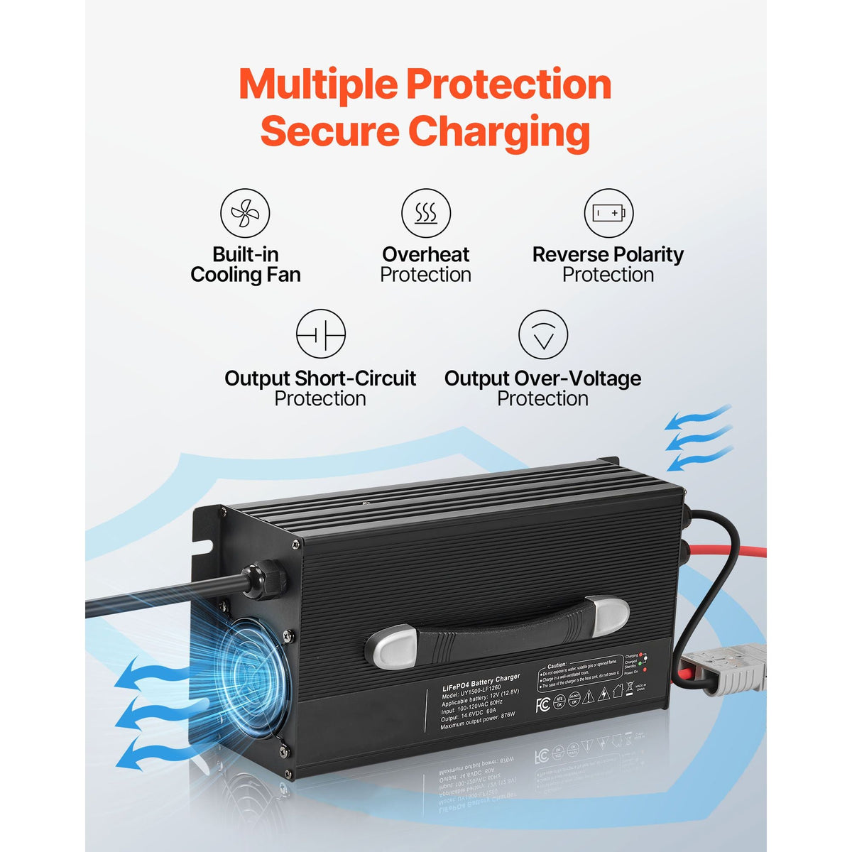 12V 60A Lithium Battery Charger, 14.6V, AC-DC LiFePO4 Smart Charger, with Anderson Connector, LED Indicator, 0V Activation, for Lithium LiFePO4 Deep Cycle Rechargeable Batteries of Boat, RV