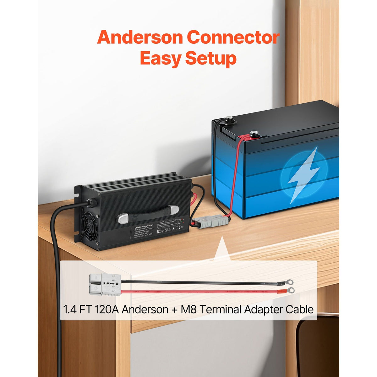 12V 60A Lithium Battery Charger, 14.6V, AC-DC LiFePO4 Smart Charger, with Anderson Connector, LED Indicator, 0V Activation, for Lithium LiFePO4 Deep Cycle Rechargeable Batteries of Boat, RV