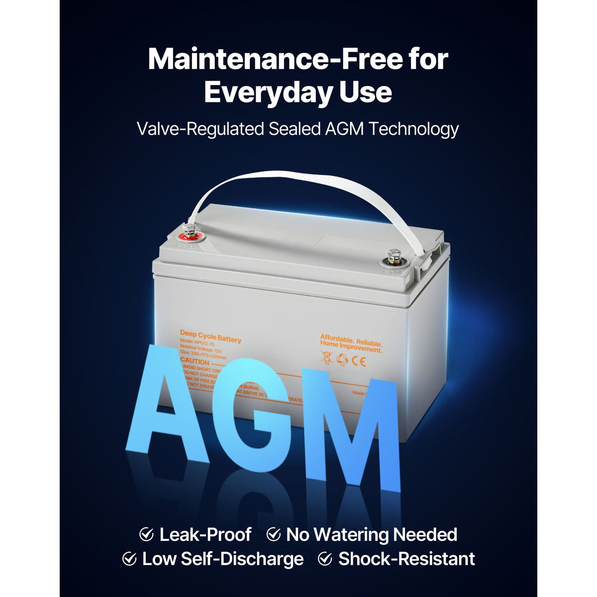 12V 75Ah Deep Cycle Battery, Sealed AGM Technology, Rechargeable Lead Acid AGM Battery, Backup Replacement for Scooters, Electric Mobility Wheelchair, Solar System Off-Grid Home Energy Storage