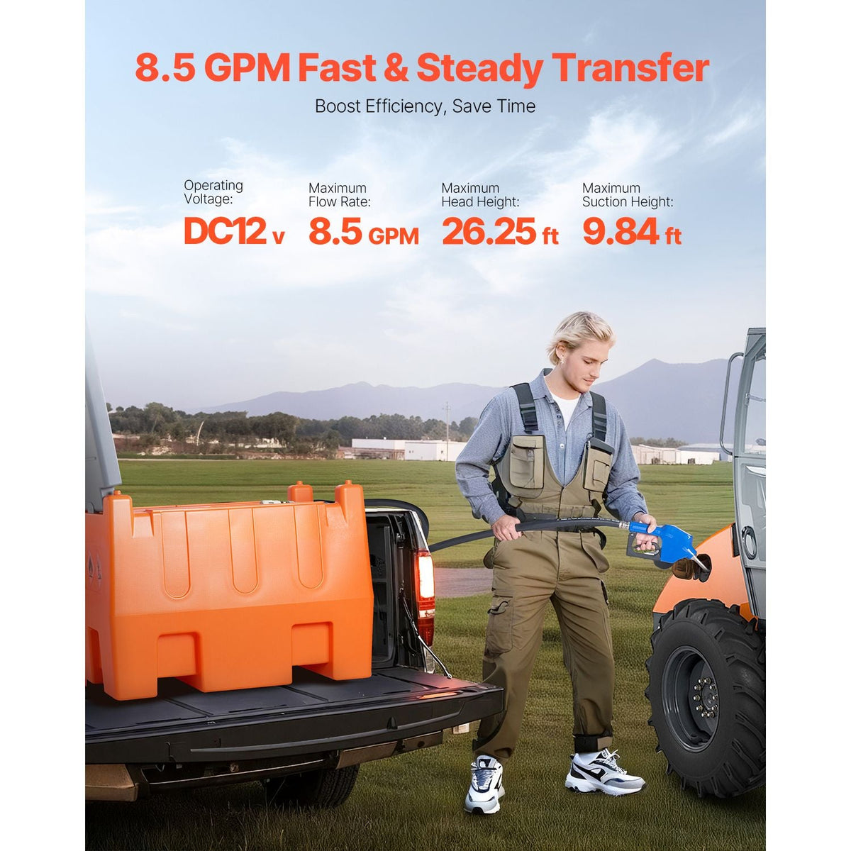 12V DEF Transfer Pump Kit, 8.5 GPM, Diaphragm Irrigation Self Priming Electric Water Pump, with 58 Gallon Tank, Automatic Nozzle, 13.12 ft Hose, 26.25 ft Lift, for Diesel Exhaust Fluid Urea